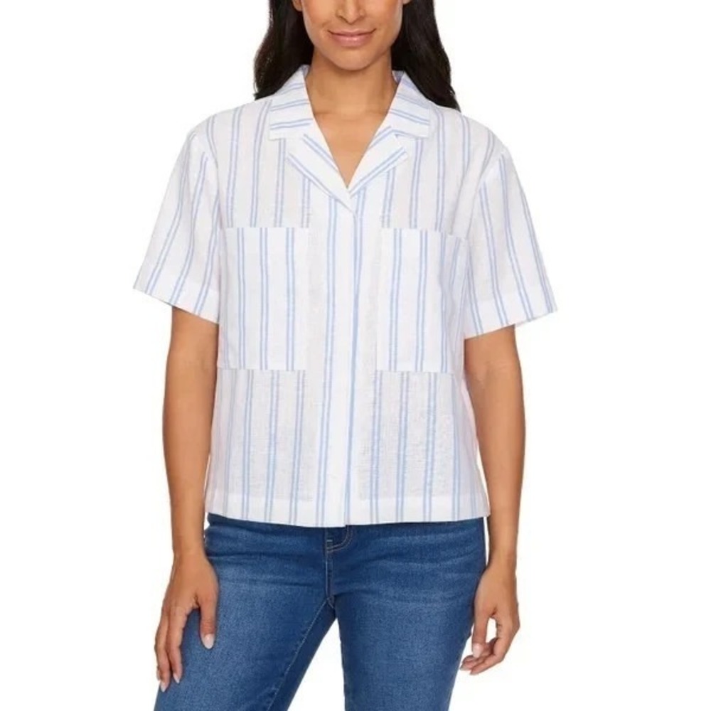 Buffalo David Bitton Womens Linen Blend Striped Utility Top Blue M